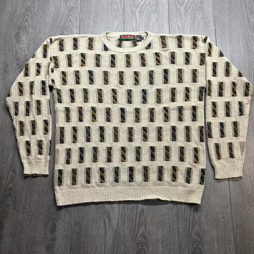 Vintage Jos A Bank Silk Cotton Sweater XL Beige Geometric Textured Knit 90s Mens